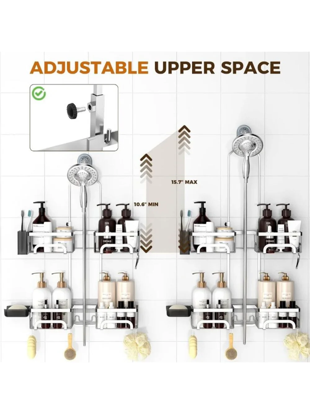 Hanging Split Shower Caddy for Handheld Showerheads - Silver Storage Organizer